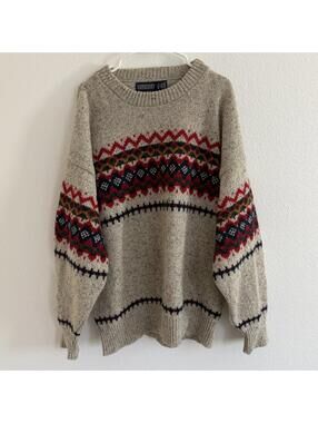 Vintage 90's Fair Isle Nordic Oversized Wool Sweater Sz L Cabin
